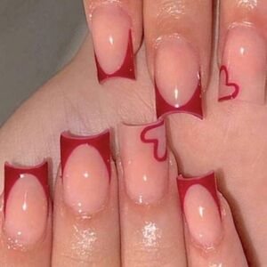 Y2K 24 Piece Square Valentine’s Day Heart Red French Tip Press On Nails